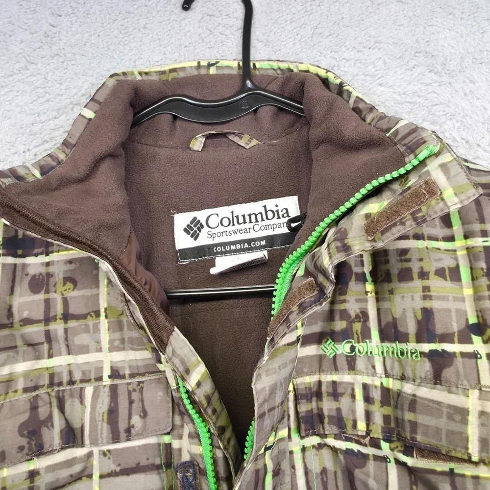 Columbia Jacket Youth 8 Brown Green Plaid Fleece Lined Insulate Outdoor Gorpcore